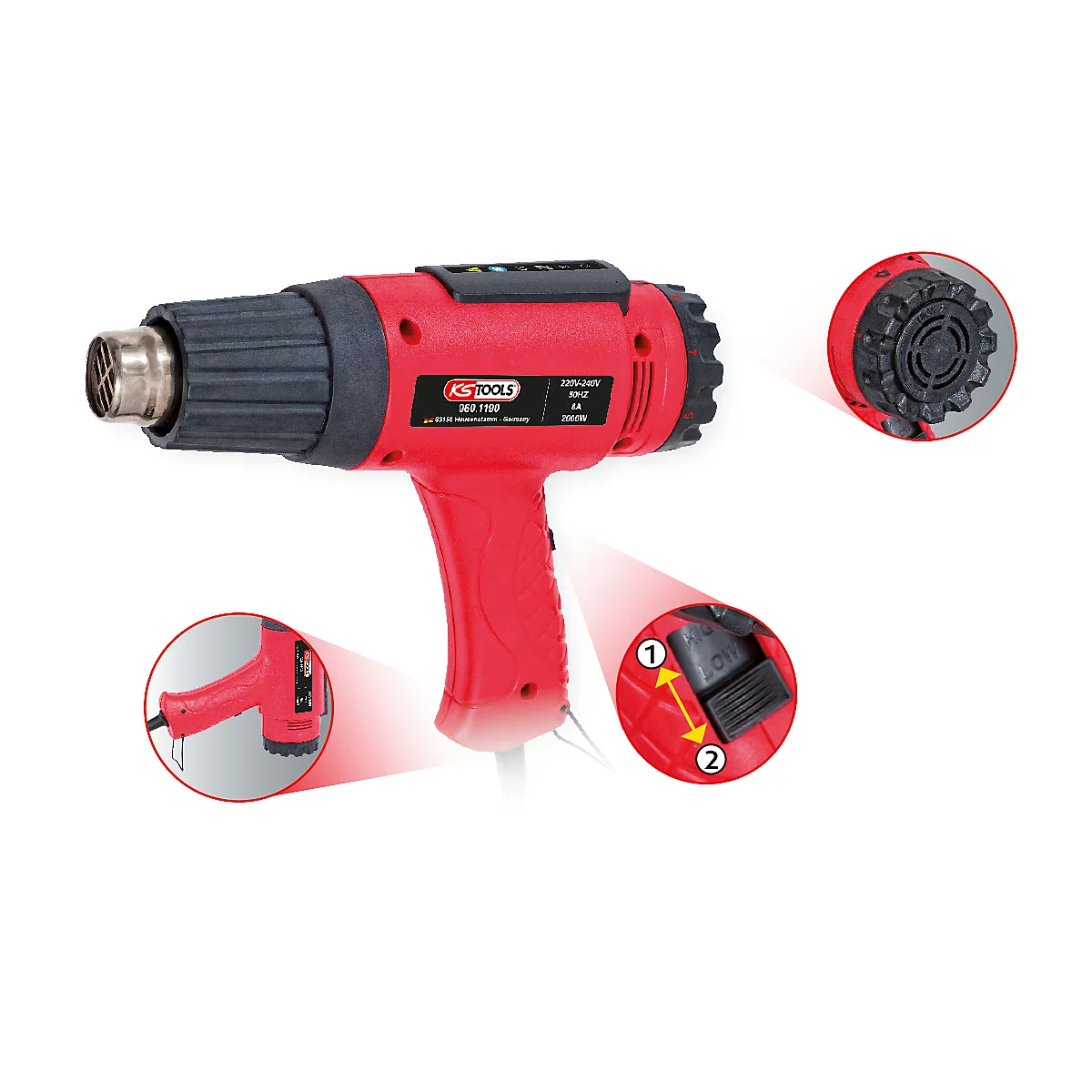 Rote Heißluftpistole mit schwarzen Details. Verschiedene Ausschnitte zeigen Details wie Temperaturregler und Luftauslass.